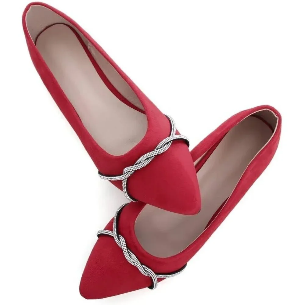 Women's Red Casual Flats Fashion Chain Pointed Toe Ballet Flat Rhinestone